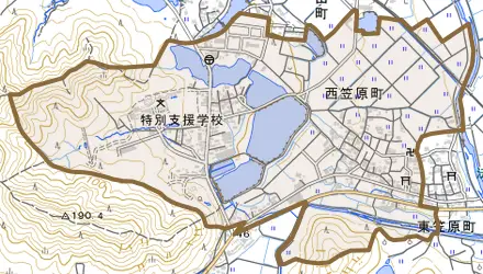 西笠原町とその周辺の地図。町の範囲を重ねている