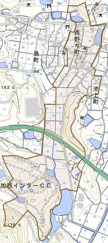 西野々町とその周辺の地図。町の範囲を重ねている