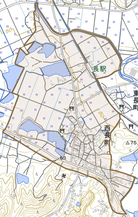 西長町とその周辺の地図。町の範囲を重ねている