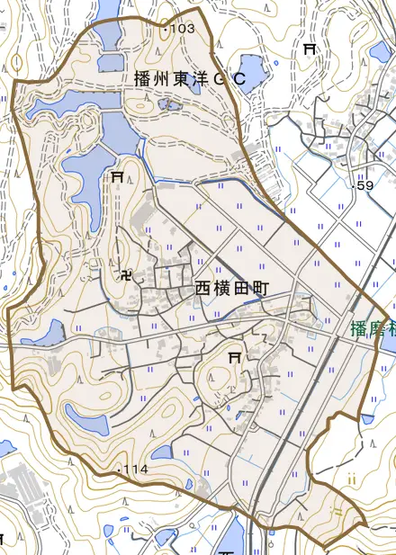 西横田町とその周辺の地図。町の範囲を重ねている