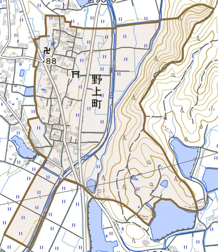 野上町とその周辺の地図。町の範囲を重ねている