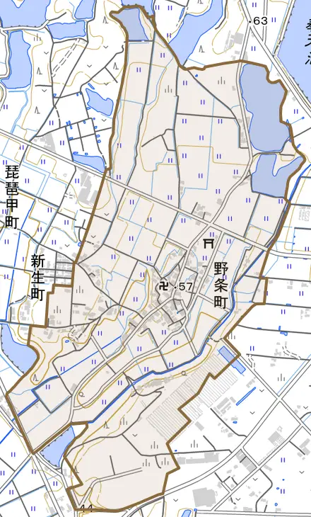 野条町とその周辺の地図。町の範囲を重ねている