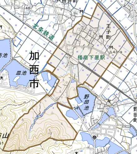 王子町とその周辺の地図。町の範囲を重ねている