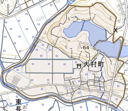 大村町とその周辺の地図。町の範囲を重ねている