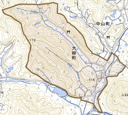 大柳町とその周辺の地図。町の範囲を重ねている
