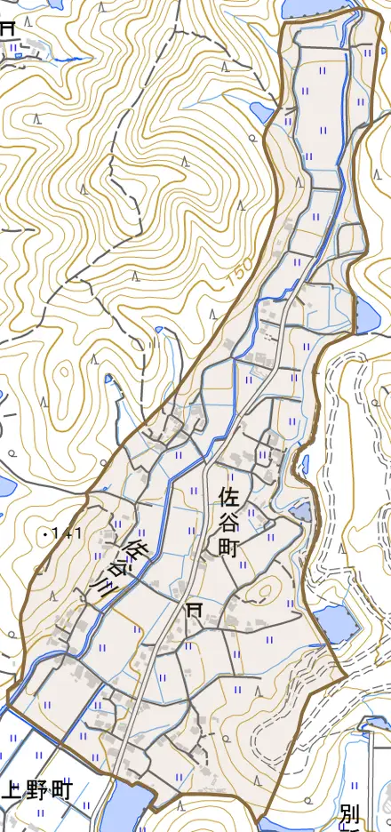 佐谷町とその周辺の地図。町の範囲を重ねている