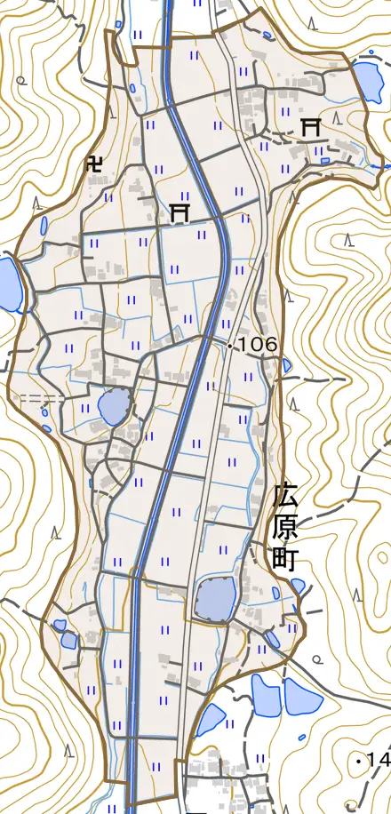 下芥田町とその周辺の地図。町の範囲を重ねている