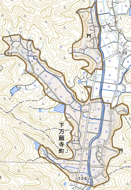 下万願寺町とその周辺の地図。町の範囲を重ねている