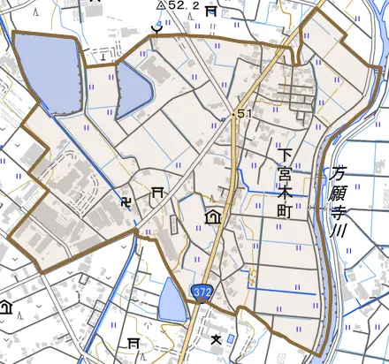 下宮木町とその周辺の地図。町の範囲を重ねている