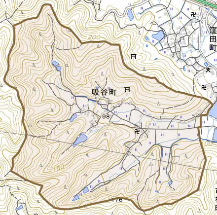 吸谷町とその周辺の地図。町の範囲を重ねている