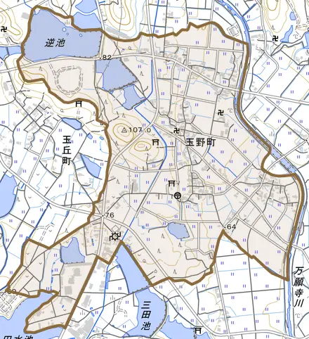 玉野町とその周辺の地図。町の範囲を重ねている