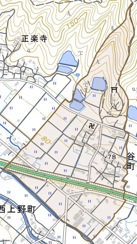 谷町とその周辺の地図。町の範囲を重ねている