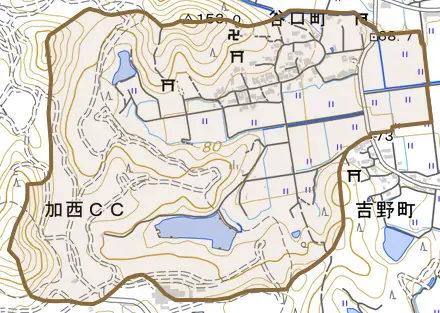 谷口町とその周辺の地図。町の範囲を重ねている