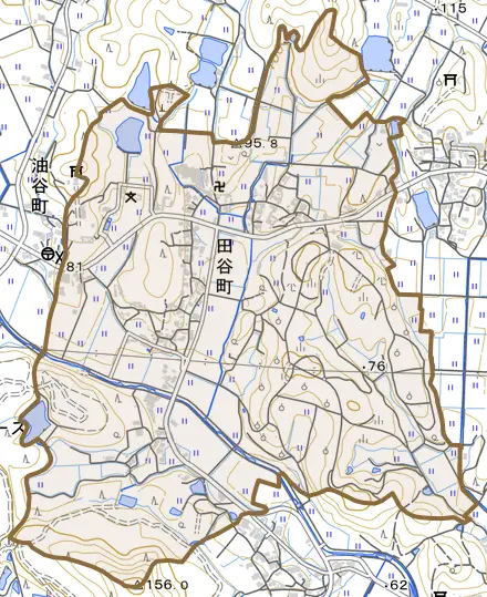 田谷町とその周辺の地図。町の範囲を重ねている