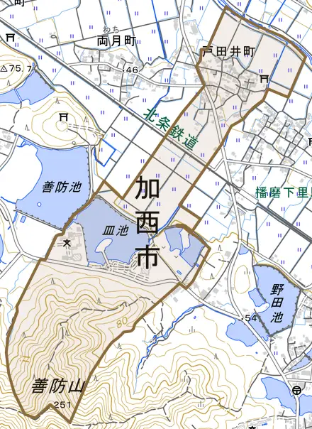 戸田井町とその周辺の地図。町の範囲を重ねている
