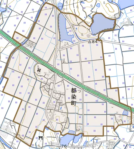 都染町とその周辺の地図。町の範囲を重ねている