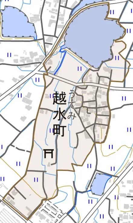 越水町とその周辺の地図。町の範囲を重ねている