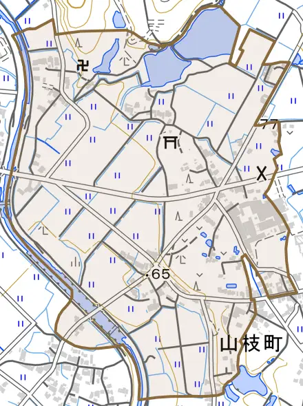 山枝町とその周辺の地図。町の範囲を重ねている