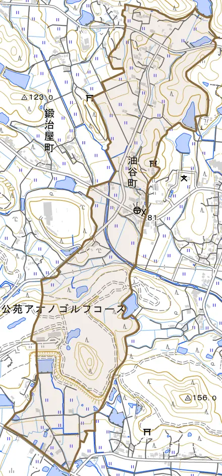 油谷町とその周辺の地図。町の範囲を重ねている