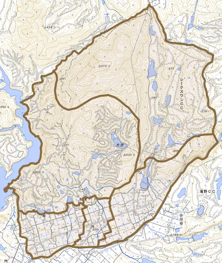 秋津とその周辺の地図。町の範囲を重ねている