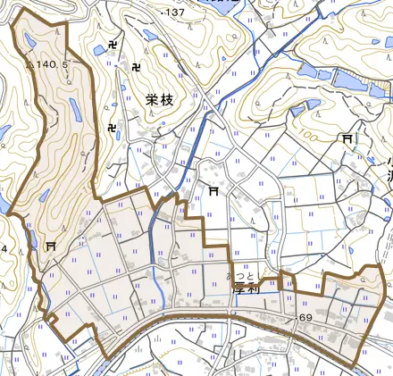 厚利とその周辺の地図。町の範囲を重ねている