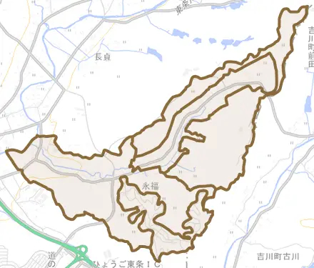 永福とその周辺の地図。町の範囲を重ねている