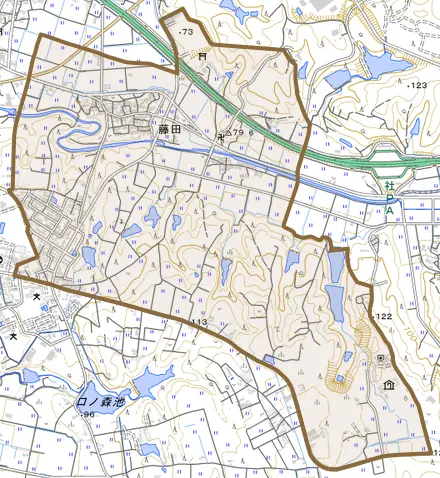 藤田とその周辺の地図。町の範囲を重ねている