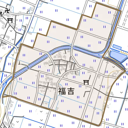 福吉とその周辺の地図。町の範囲を重ねている