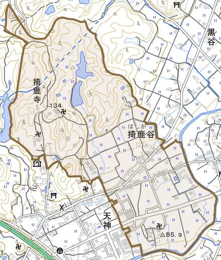掎鹿谷とその周辺の地図。町の範囲を重ねている