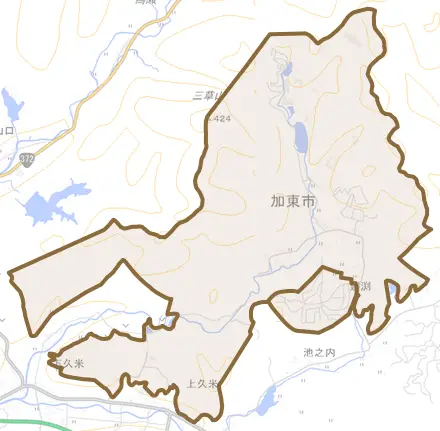 畑とその周辺の地図。町の範囲を重ねている
