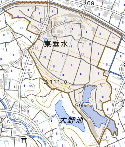 東垂水とその周辺の地図。町の範囲を重ねている