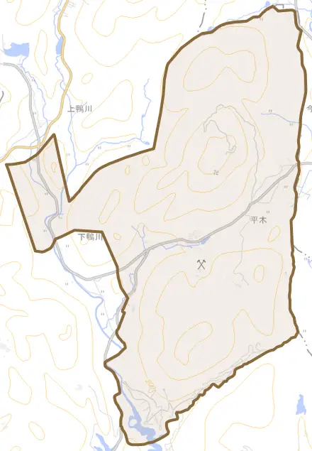 平木とその周辺の地図。町の範囲を重ねている