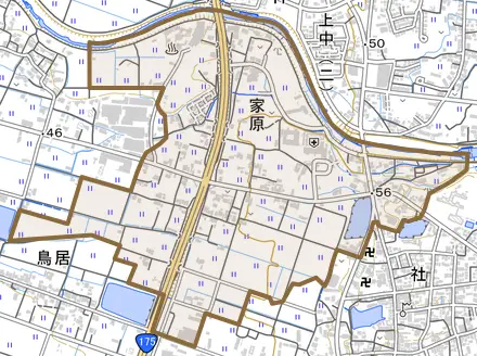 家原とその周辺の地図。町の範囲を重ねている