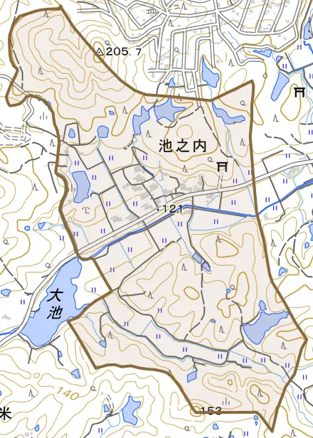 池之内とその周辺の地図。町の範囲を重ねている