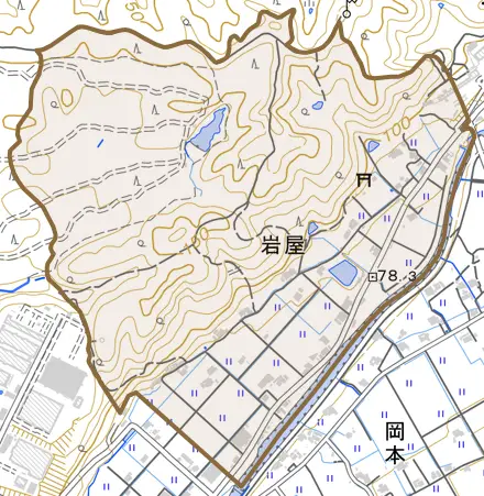 岩屋とその周辺の地図。町の範囲を重ねている