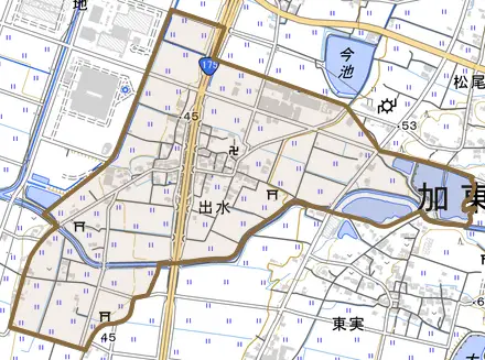 出水とその周辺の地図。町の範囲を重ねている