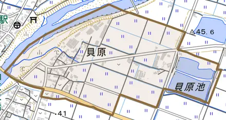 貝原とその周辺の地図。町の範囲を重ねている