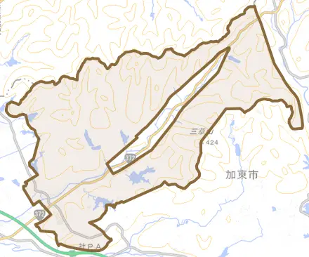 上三草とその周辺の地図。町の範囲を重ねている