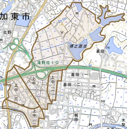 上中とその周辺の地図。町の範囲を重ねている