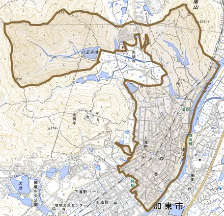 上滝野とその周辺の地図。町の範囲を重ねている