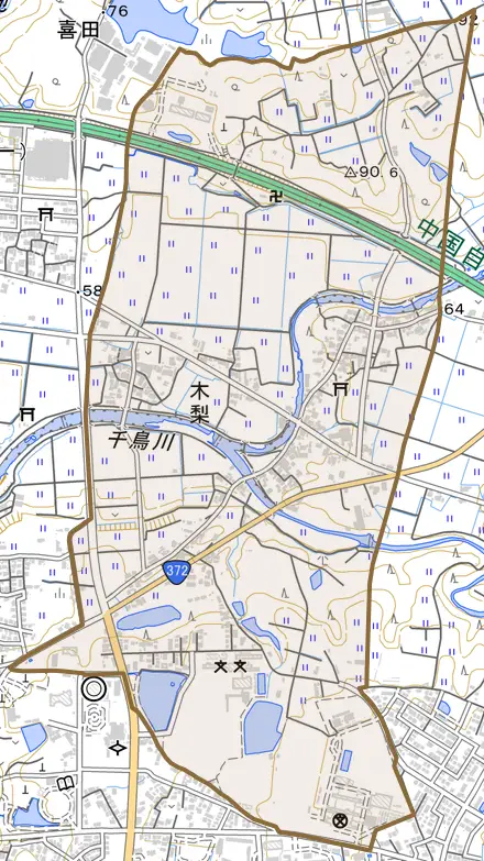 木梨とその周辺の地図。町の範囲を重ねている
