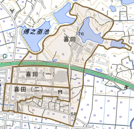 喜田とその周辺の地図。町の範囲を重ねている