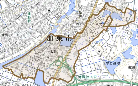 北野とその周辺の地図。町の範囲を重ねている