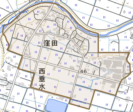 窪田とその周辺の地図。町の範囲を重ねている
