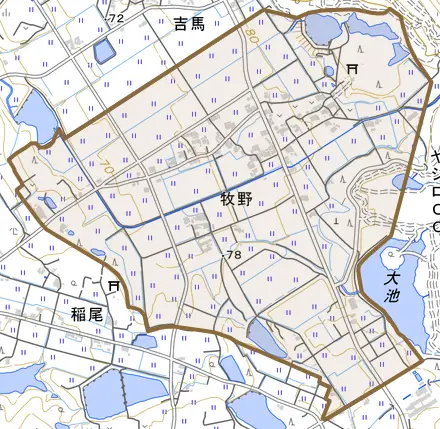 牧野とその周辺の地図。町の範囲を重ねている