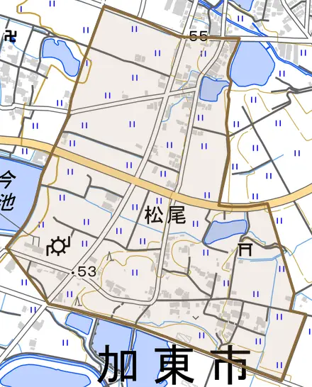 松尾とその周辺の地図。町の範囲を重ねている