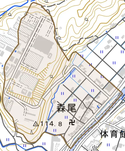 森尾とその周辺の地図。町の範囲を重ねている