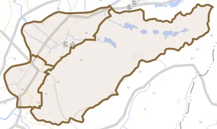 長貞とその周辺の地図。町の範囲を重ねている