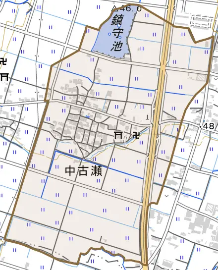 中古瀬とその周辺の地図。町の範囲を重ねている
