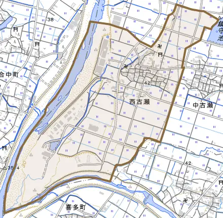 西古瀬とその周辺の地図。町の範囲を重ねている